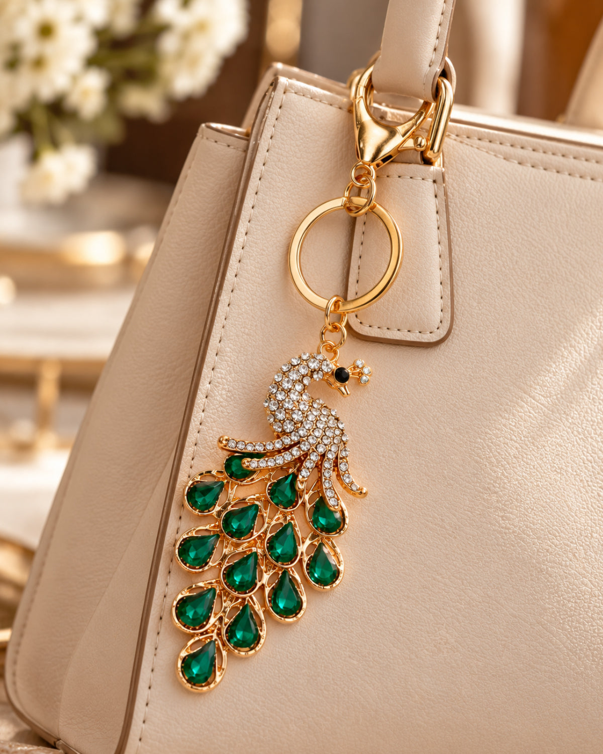 Emerald Green Rhinestone Peacock Keychain