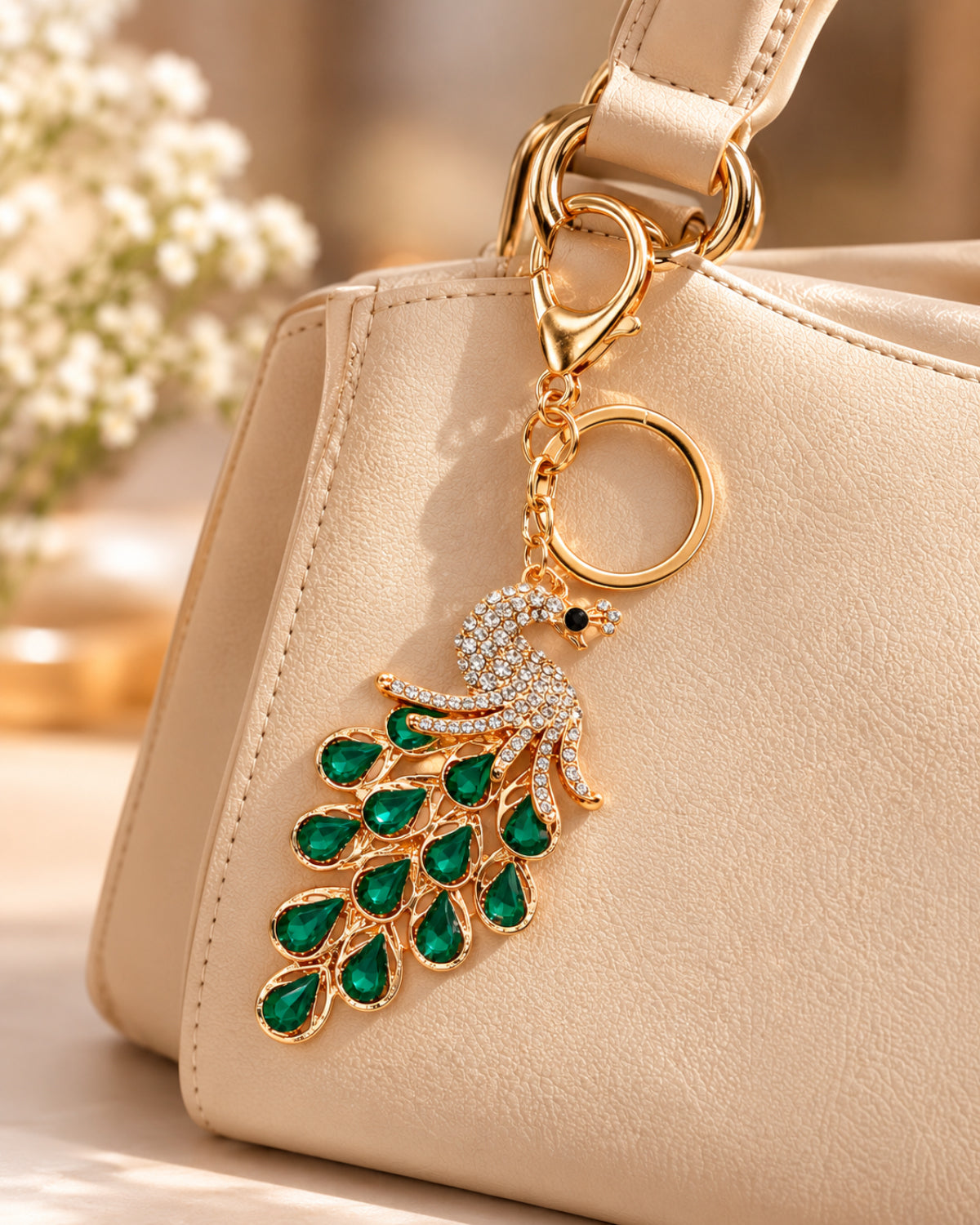Emerald Green Rhinestone Peacock Keychain