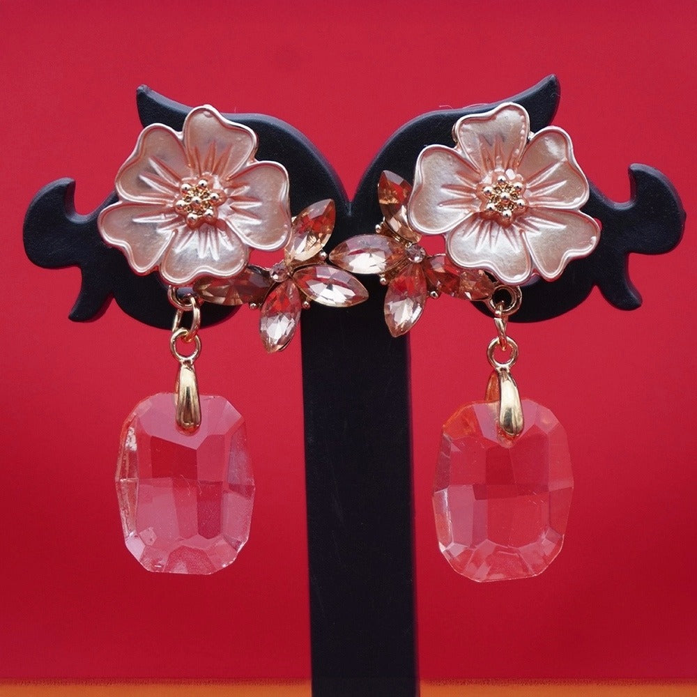 Floral Crystal Drop Earrings – Blush Enamel Flower with Pink Crystal Drop