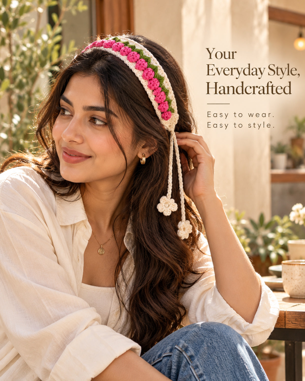 Pink Floral Floral Crochet Bandana – Handmade Hair Accessory