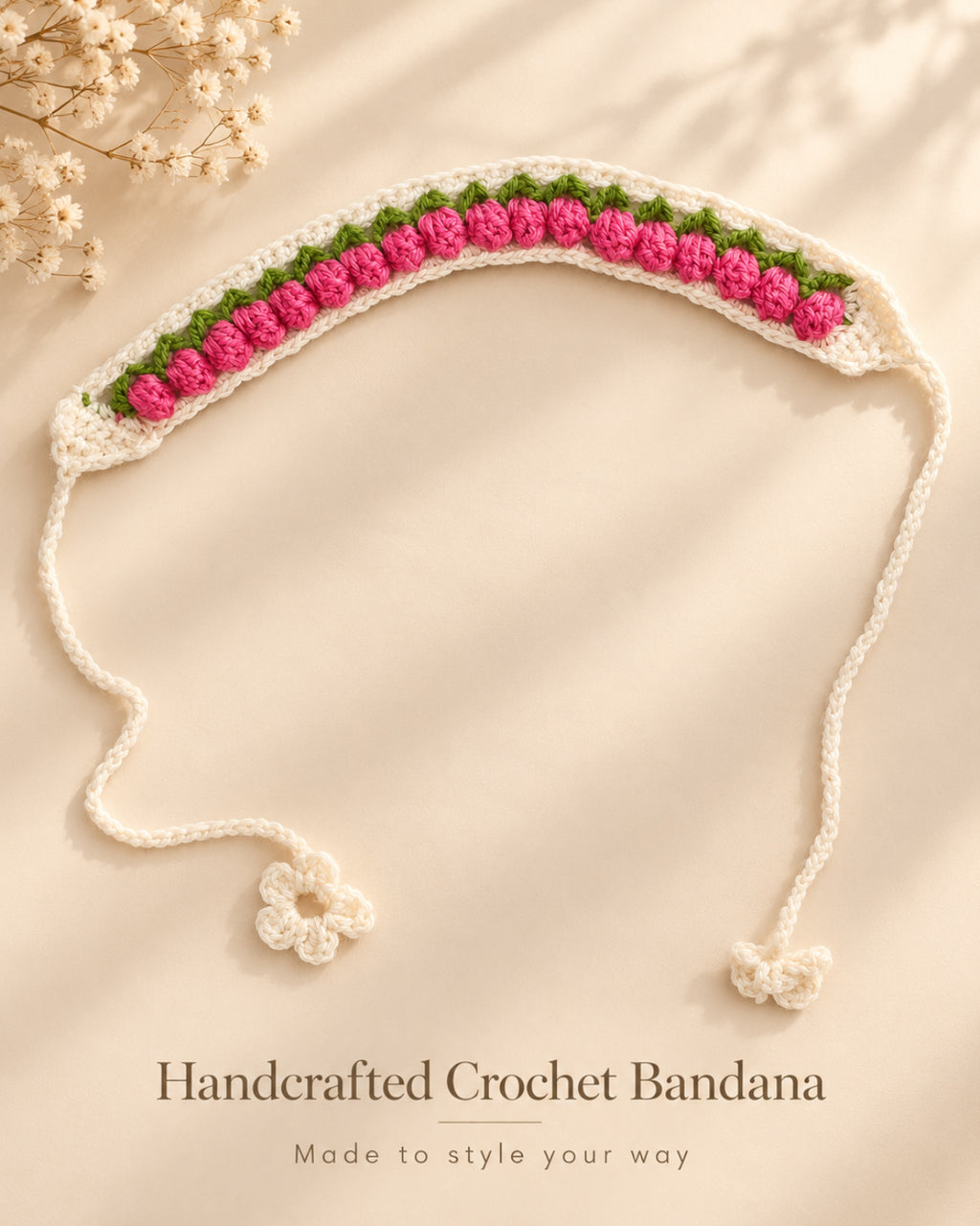 Pink Floral Floral Crochet Bandana – Handmade Hair Accessory