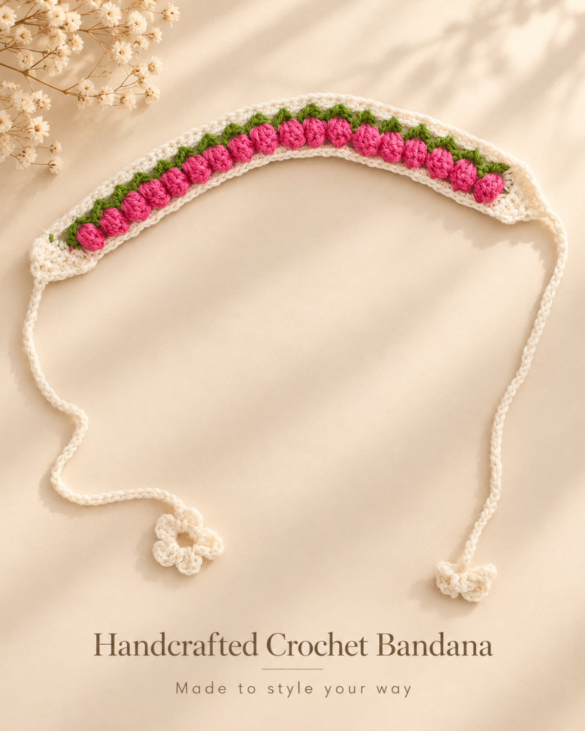 Pink Floral Floral Crochet Bandana – Handmade Hair Accessory