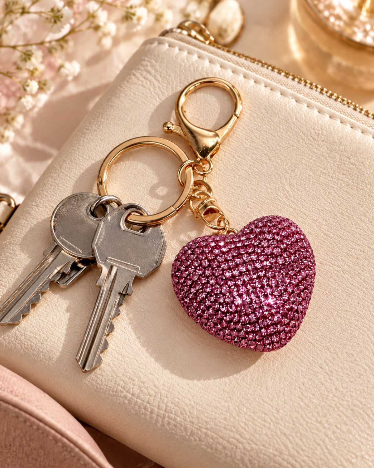 Pink Rhinestone Heart Keychain