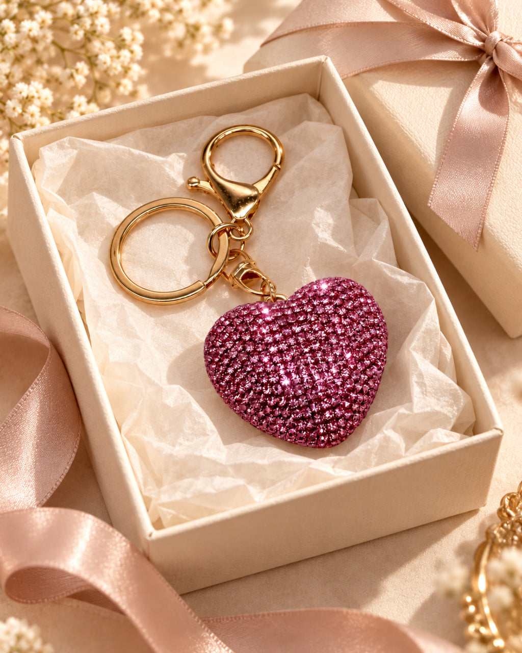 Pink Rhinestone Heart Keychain