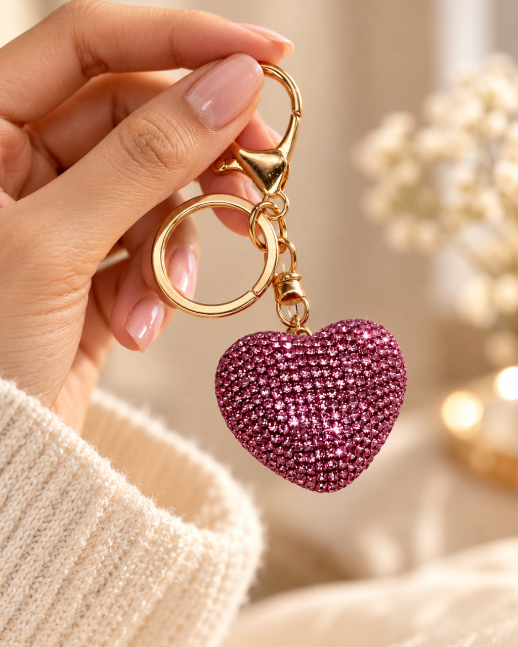 Pink Rhinestone Heart Keychain