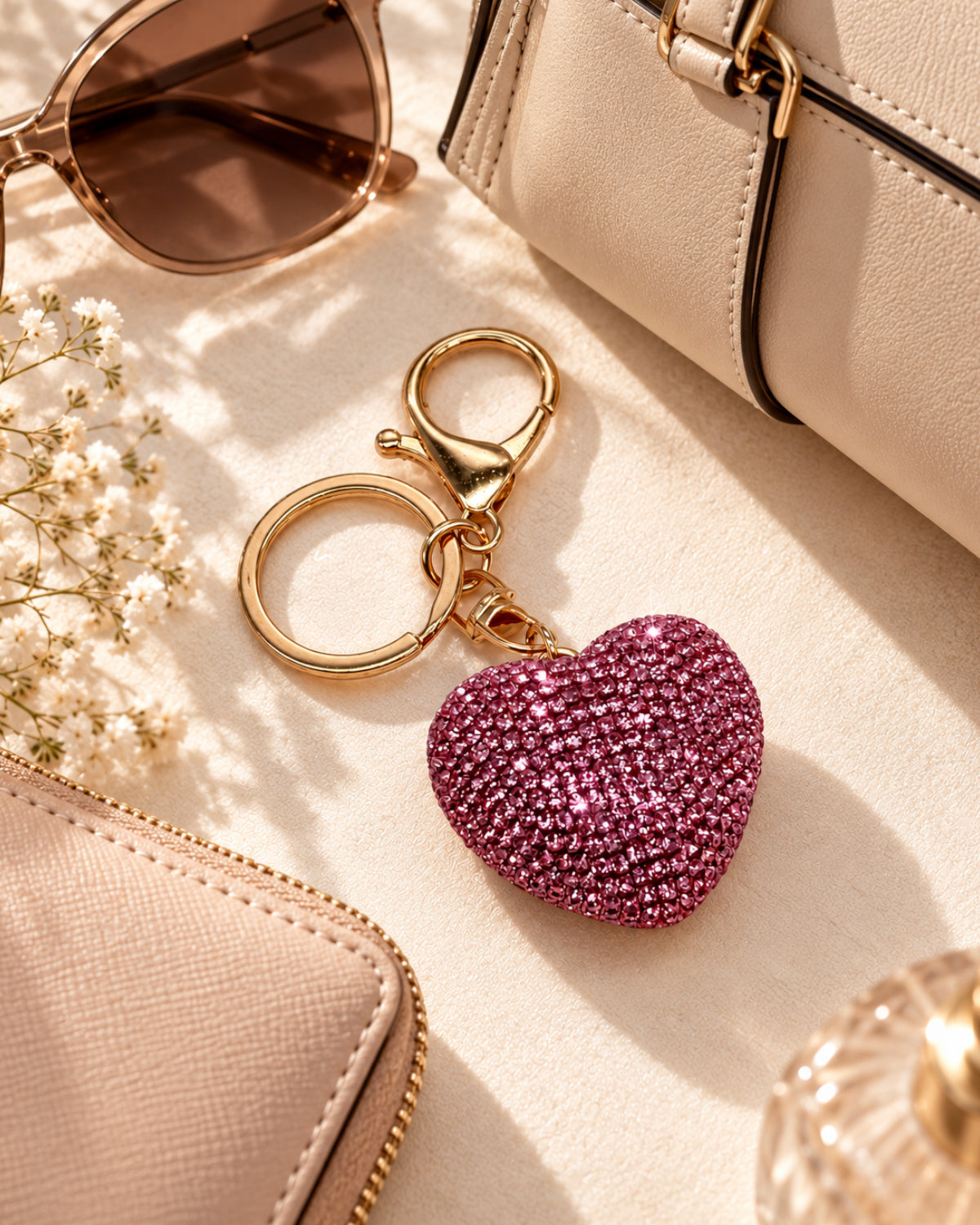 Pink Rhinestone Heart Keychain