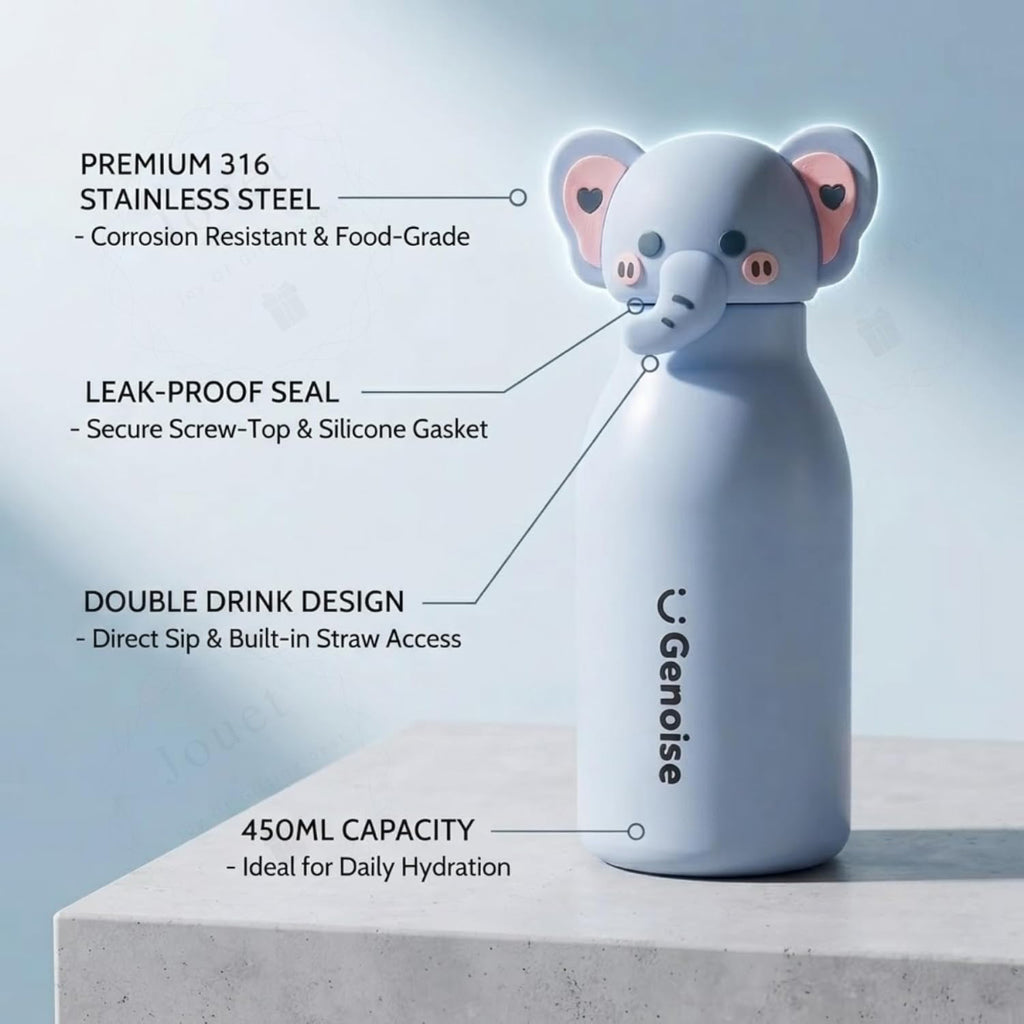 Kids Stainless Steel Insulated 450ml Water Bottle - Elephant Lid