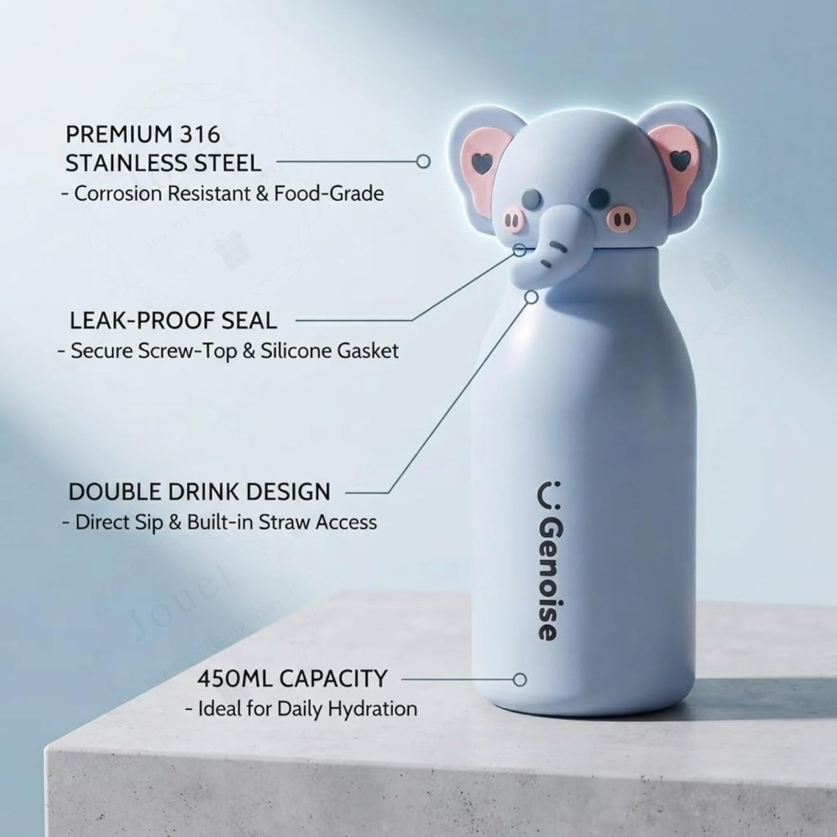 Kids Stainless Steel Insulated 450ml Water Bottle - Elephant Lid