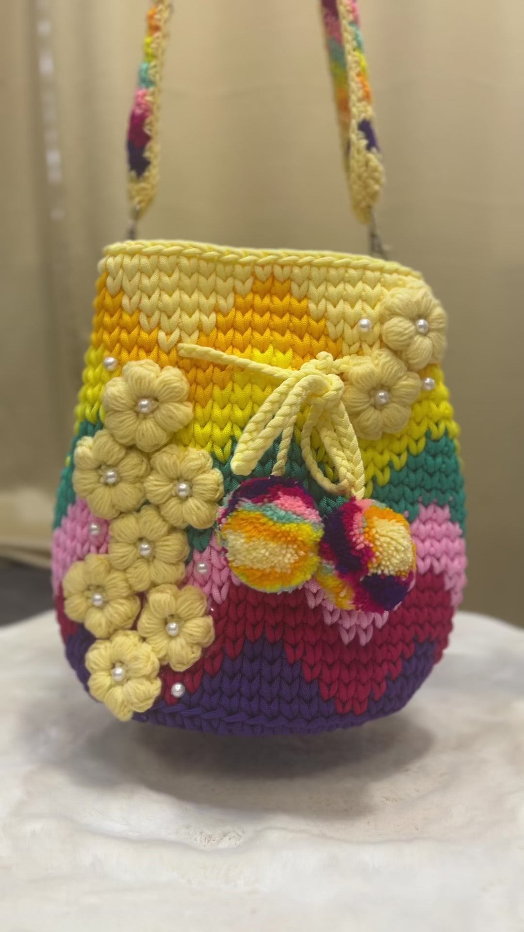 🌼Sunshine Rainbow Crochet Bag – 3D Flower Accents & Pom Charms