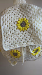 Handcrafted Mini Sunflower Crochet Backpack – White Backpack with Sunflower Motif