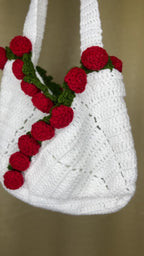 Handcrafted Floral Crochet Tote – White Rose Whisper (White Tote with Red Roses)