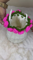 Crochet Drawstring Sling Purse – Pink Rose Edition