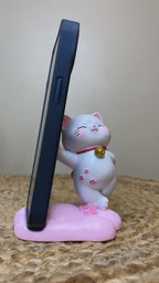 Kawaii Lucky Cat Phone Stand – Playful Standing Pose with Cherry Blossom Paw Base