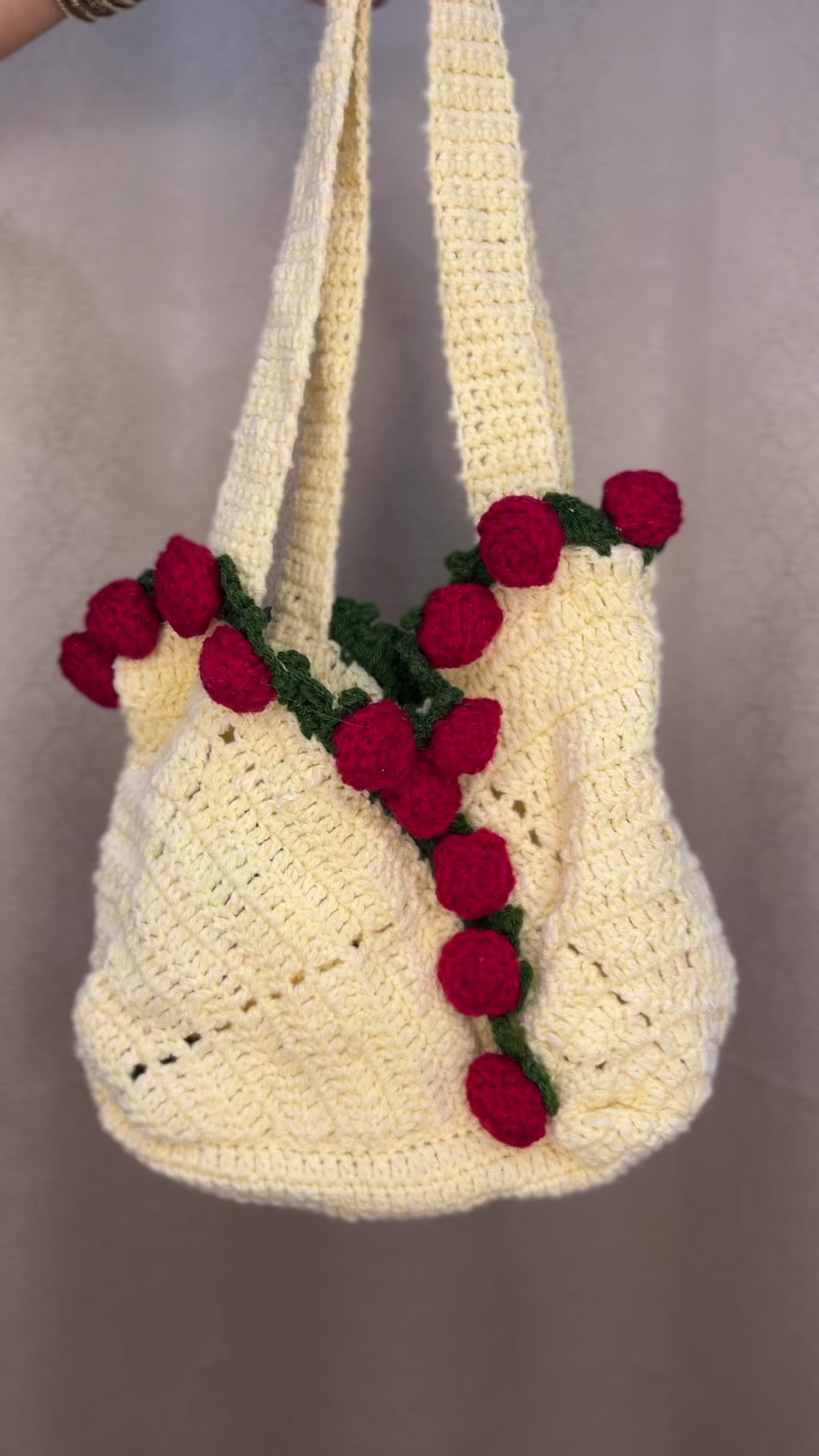 Handcrafted Floral Crochet Tote – Cream Blush Bloom (Cream with Red Roses)