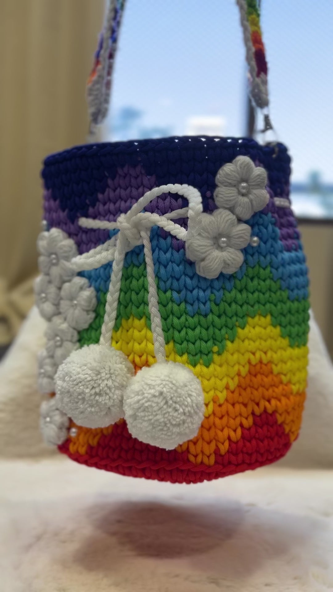 🌈 Rainbow Crochet Shoulder Bag – 3D Flower Accents & Pom Charms