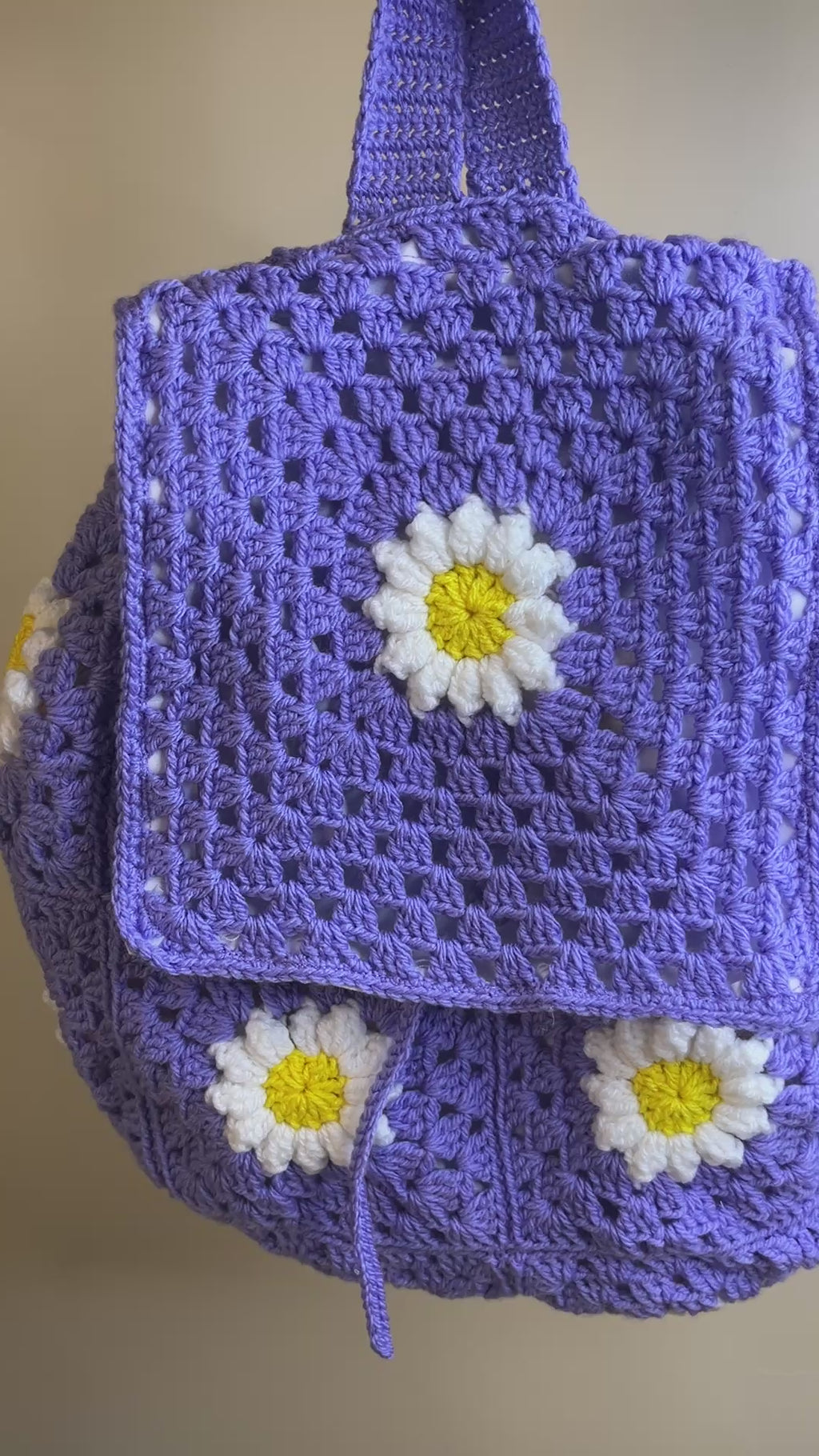 Handcrafted Daisy Crochet Backpack – Lavender Backpack with Daisy Accents