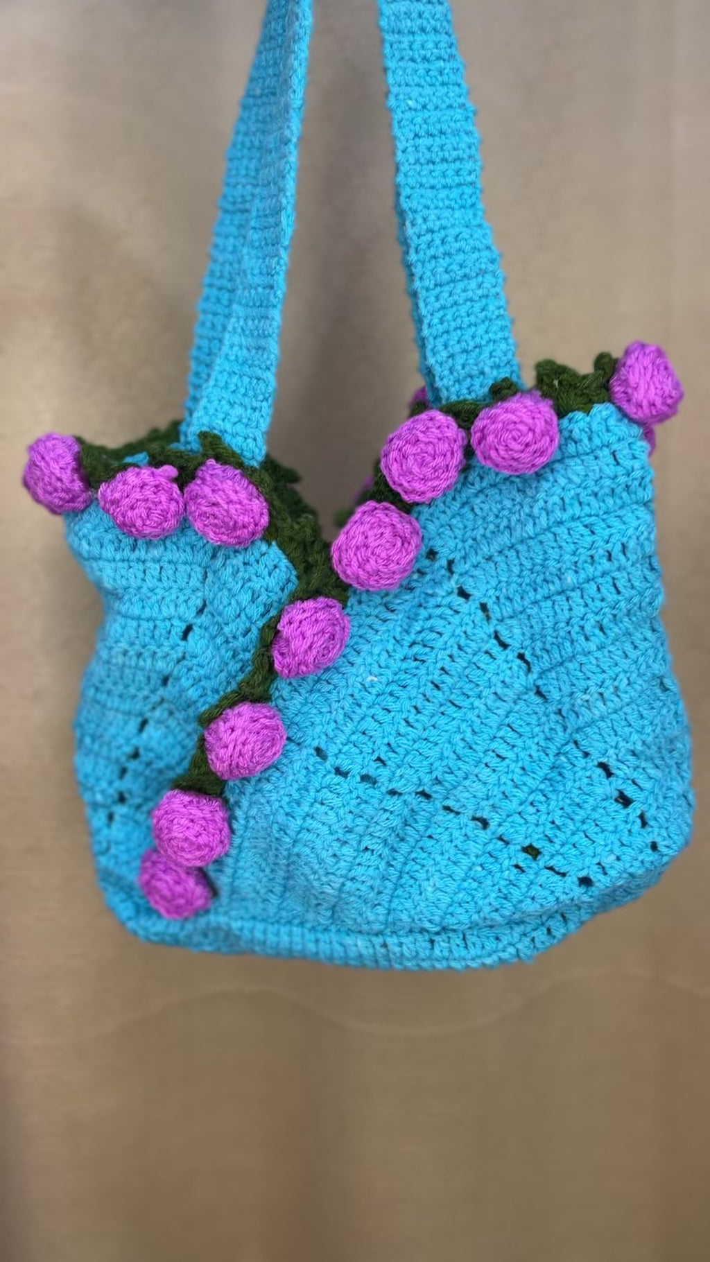Handcrafted Floral Crochet Tote – Blue Twilight Bloom (Blue with Purple Floral)
