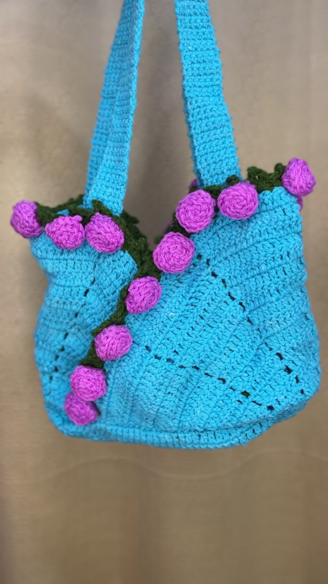 Handcrafted Floral Crochet Tote – Blue Twilight Bloom (Blue with Purple Floral)