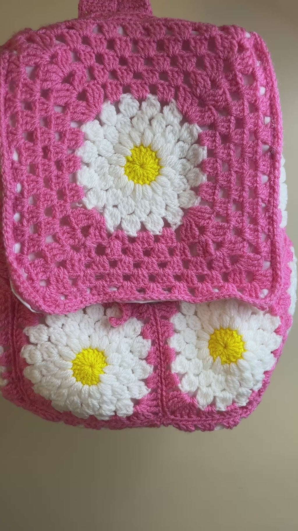 Handcrafted Pink Daisy Crochet Backpack – Pink Backpack with Daisy Accents