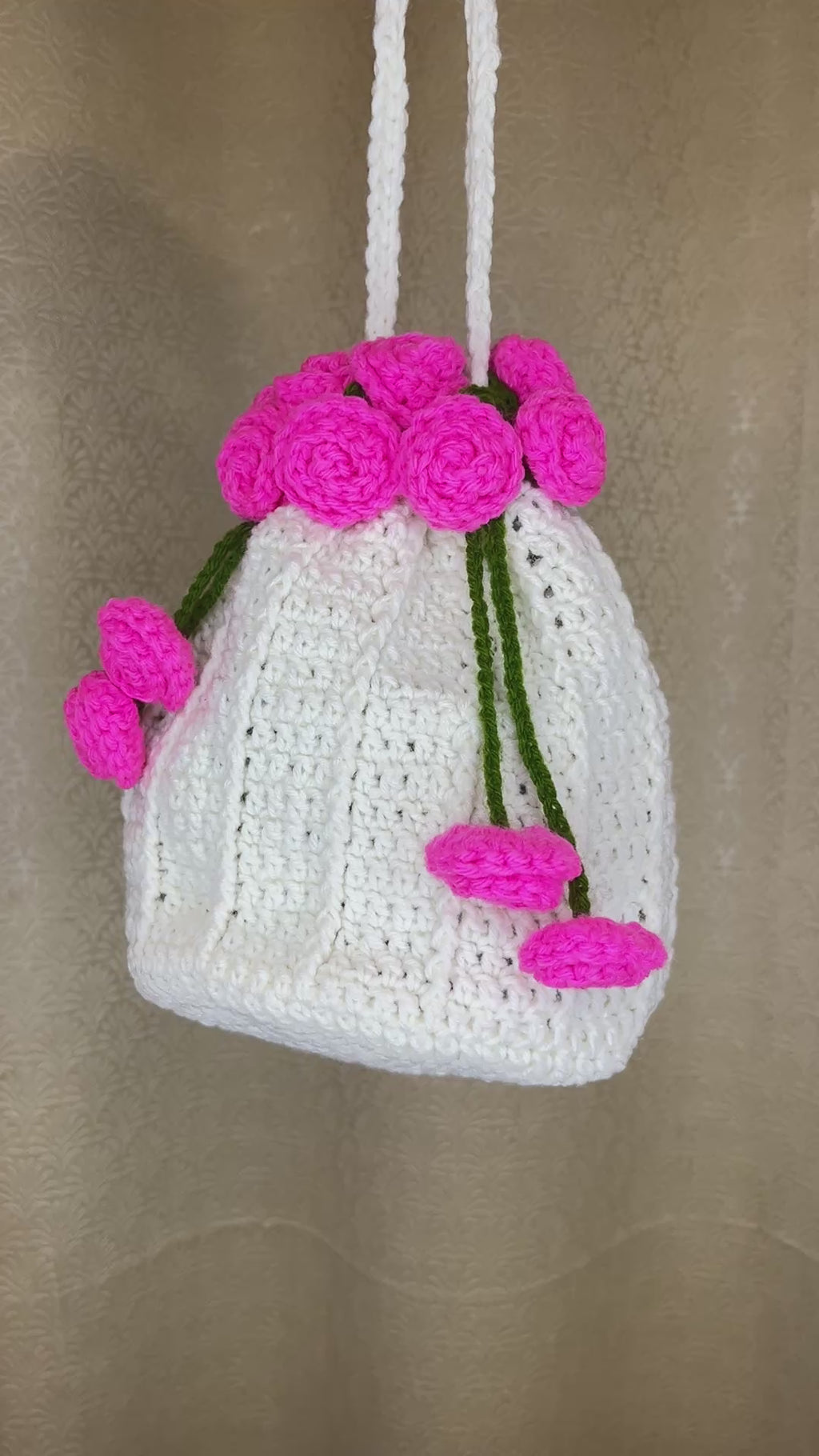 Crochet Drawstring Sling Purse – Pink Rose Edition