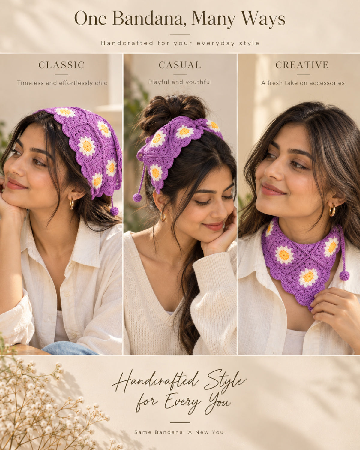 Purple Daisy Bloom Crochet Bandana