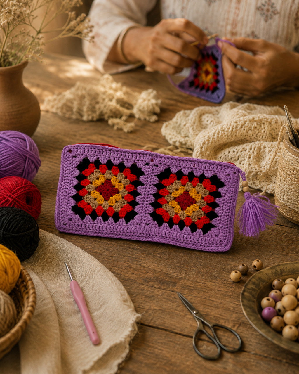 Handmade Purple Crochet Pouch – Colorful Granny Square