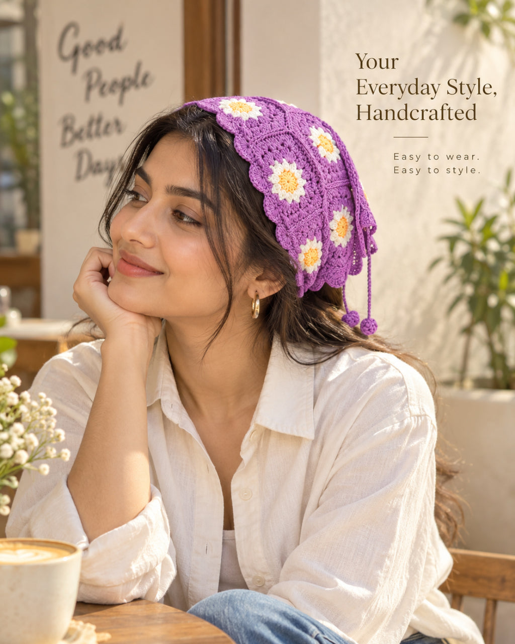 Purple Daisy Bloom Crochet Bandana
