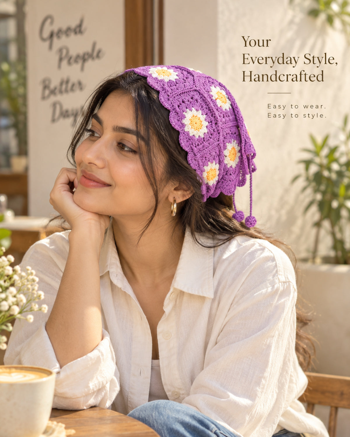 Purple Daisy Bloom Crochet Bandana