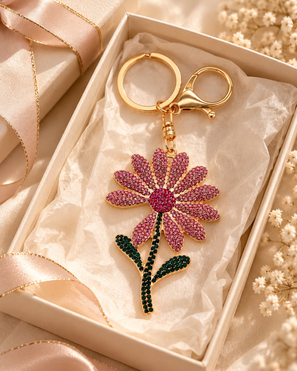 Pink Rhinestone Floral Charm