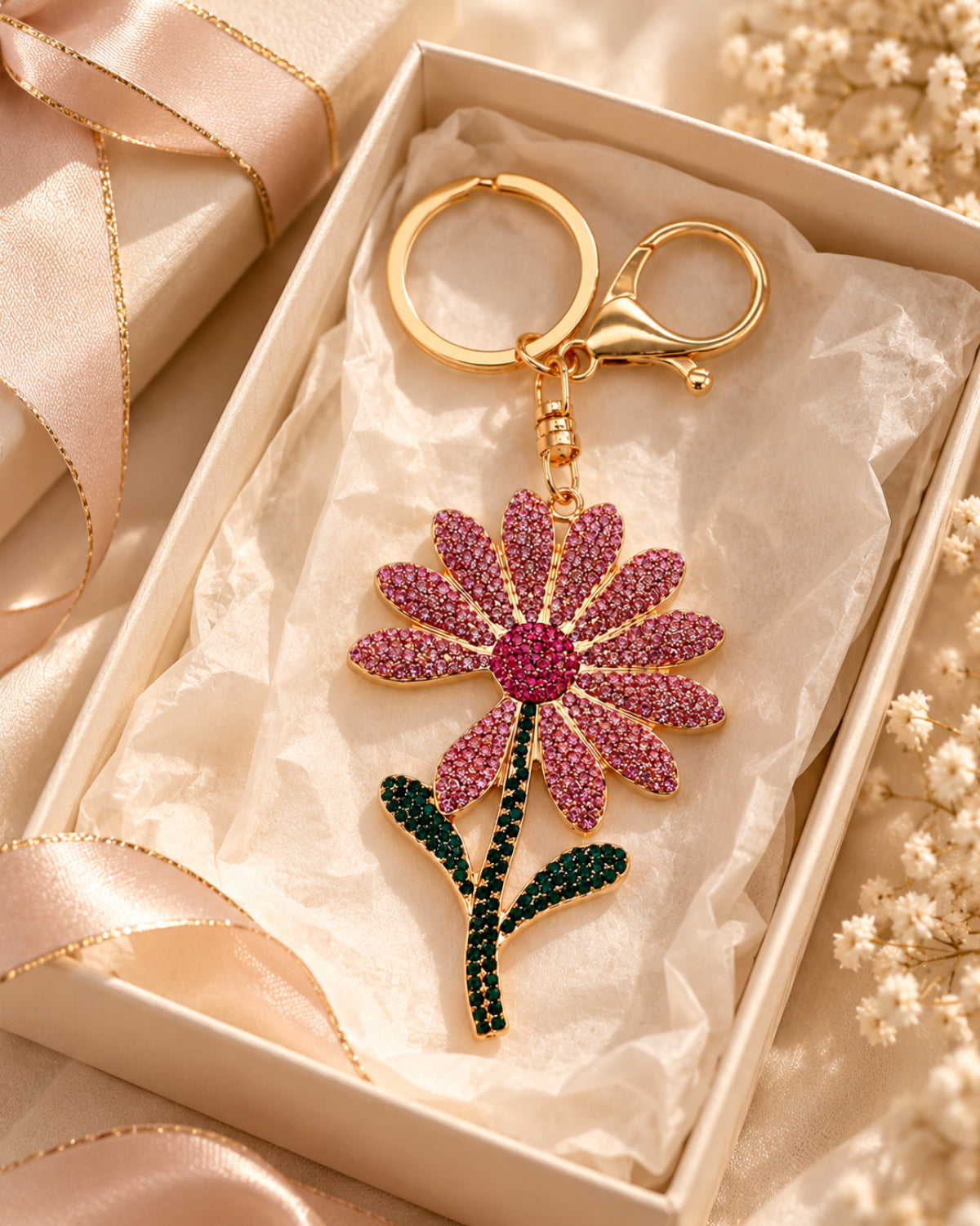 Pink Rhinestone Floral Charm