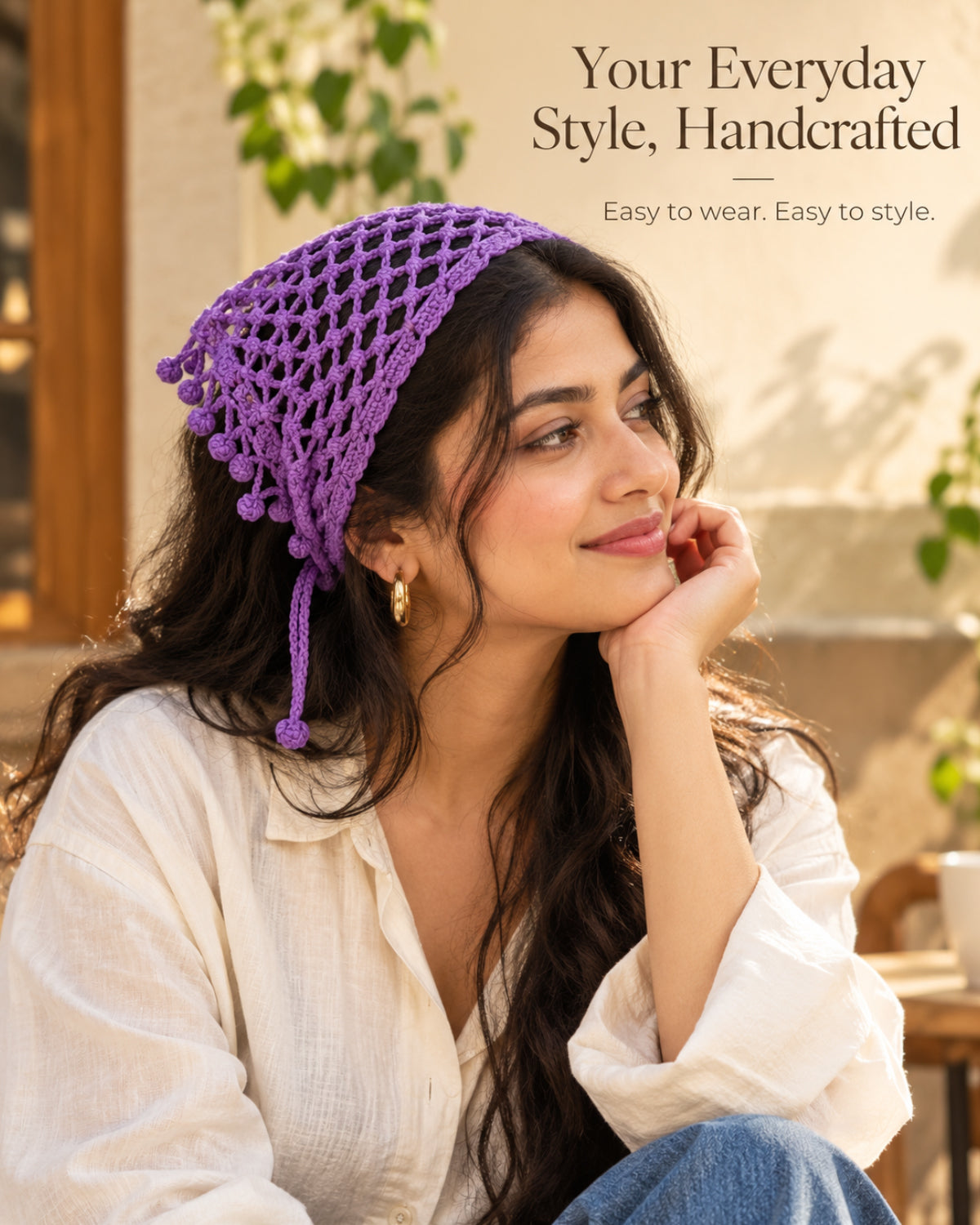 Purple Bobble Edge Crochet Bandana – Handcrafted Hair Accessory