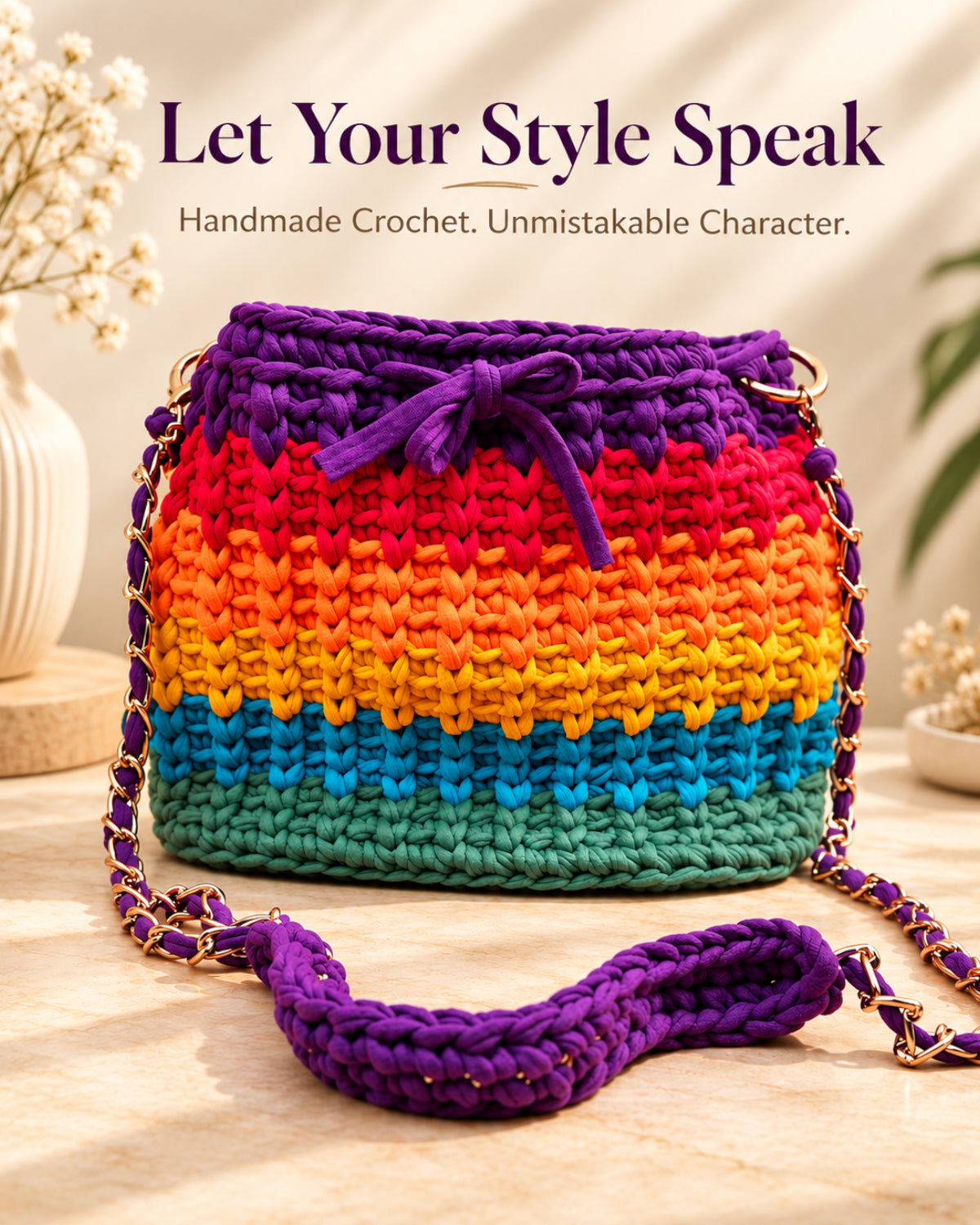 Rainbow Crochet Sling Drawstring Bag