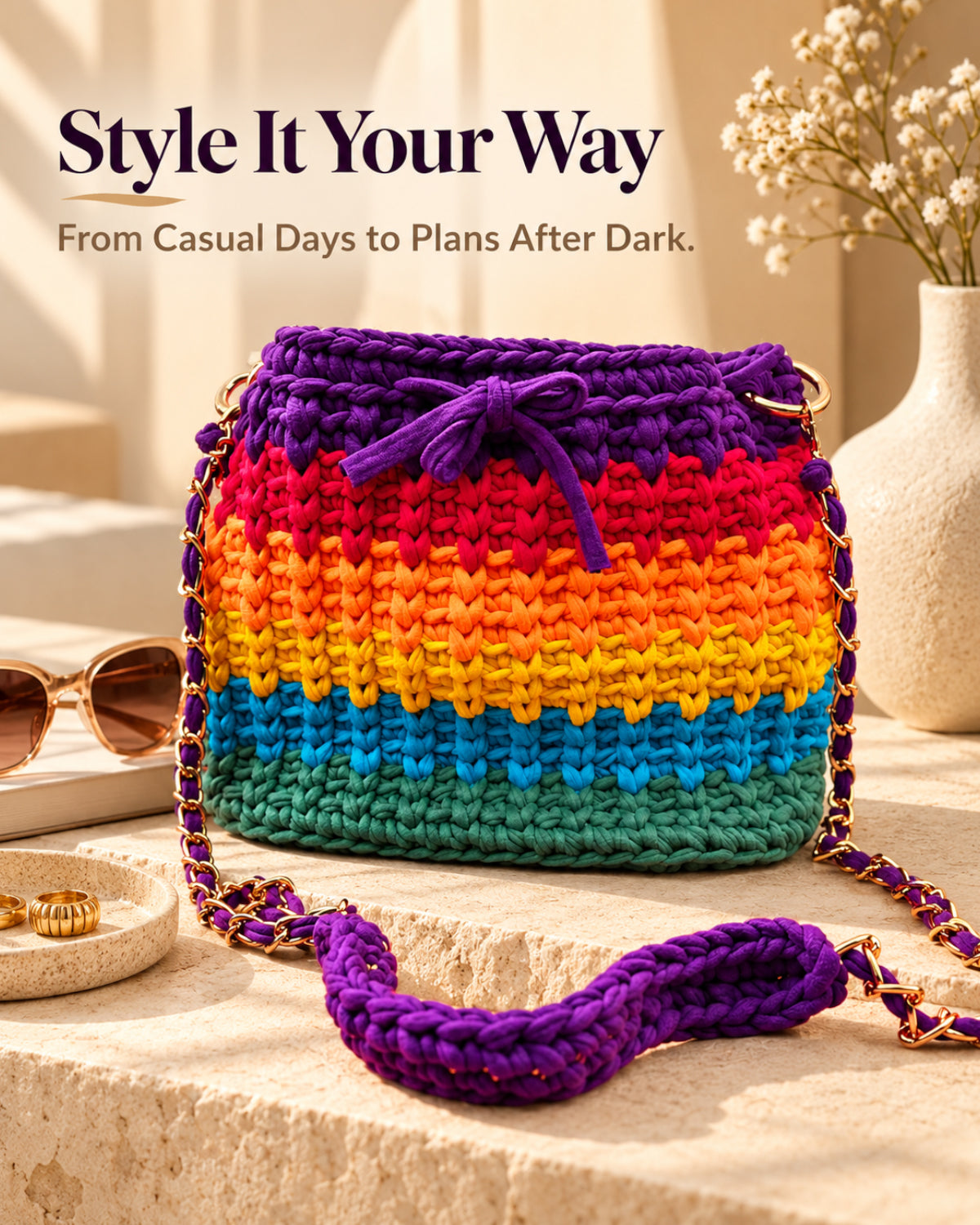 Rainbow Crochet Sling Drawstring Bag