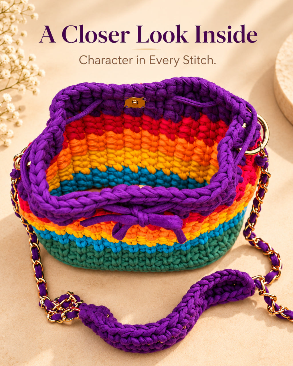Rainbow Crochet Sling Drawstring Bag