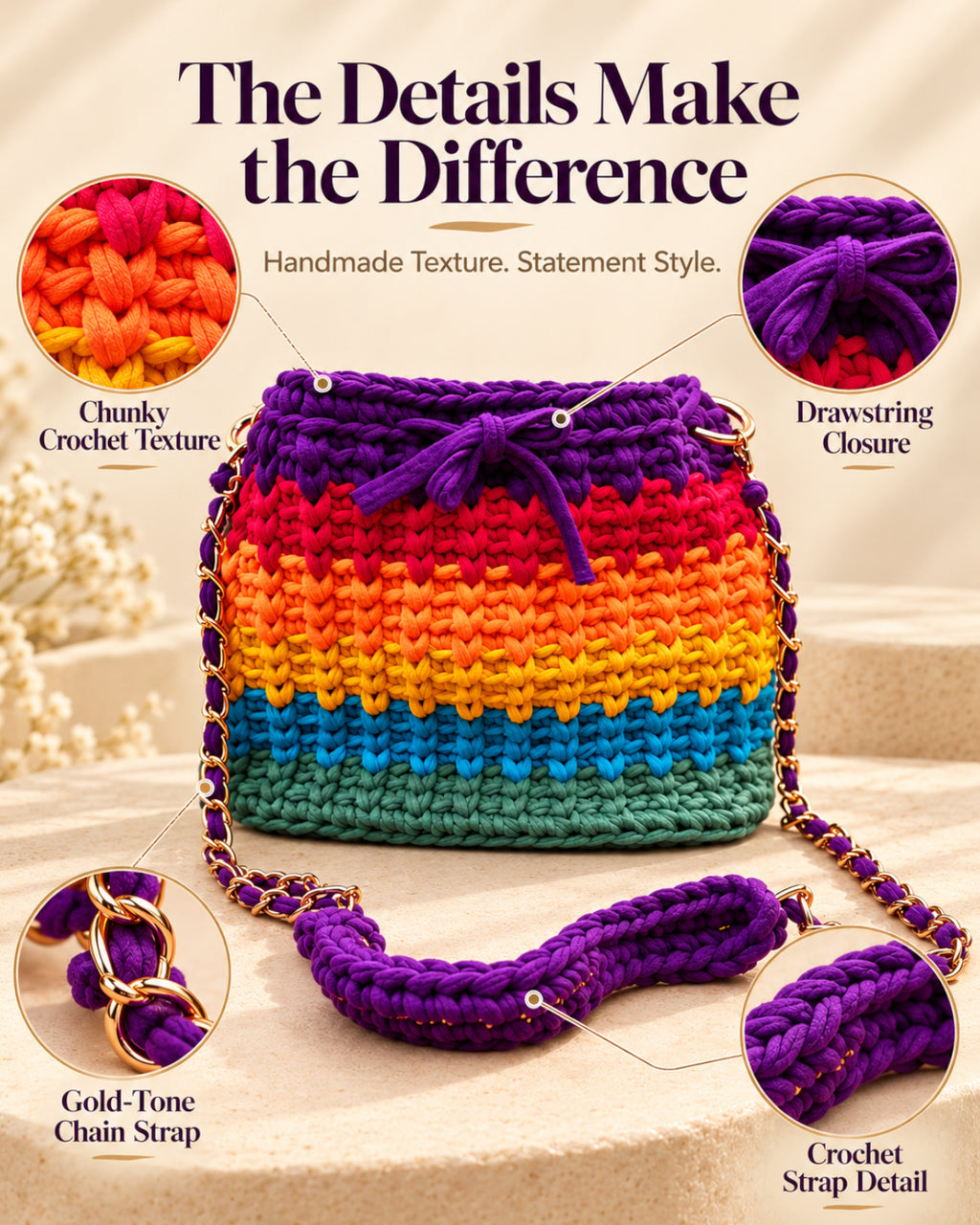 Rainbow Crochet Sling Drawstring Bag