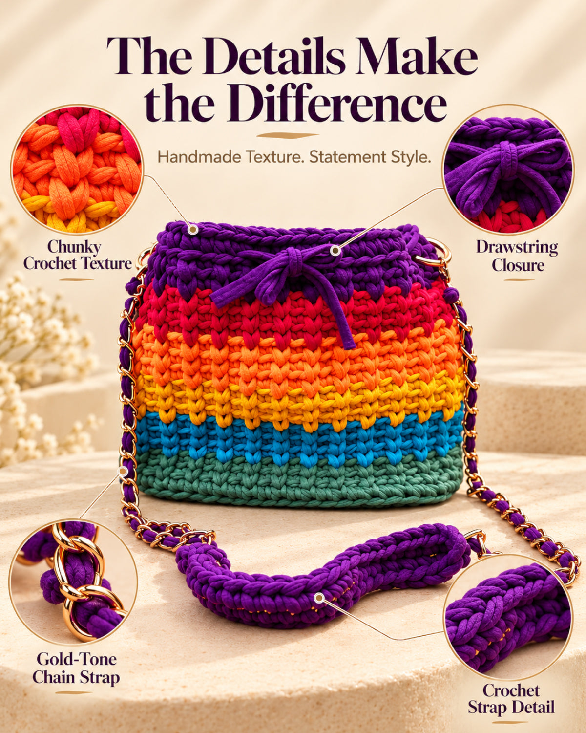 Rainbow Crochet Sling Drawstring Bag