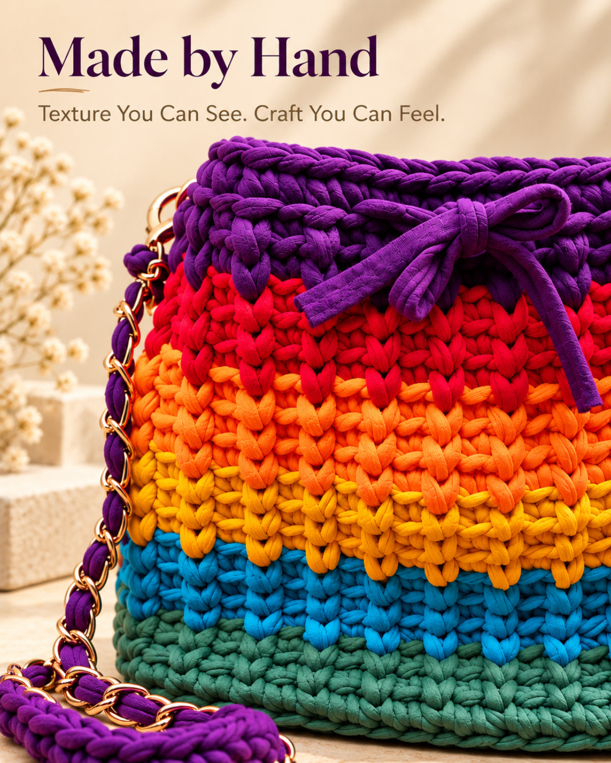 Rainbow Crochet Sling Drawstring Bag