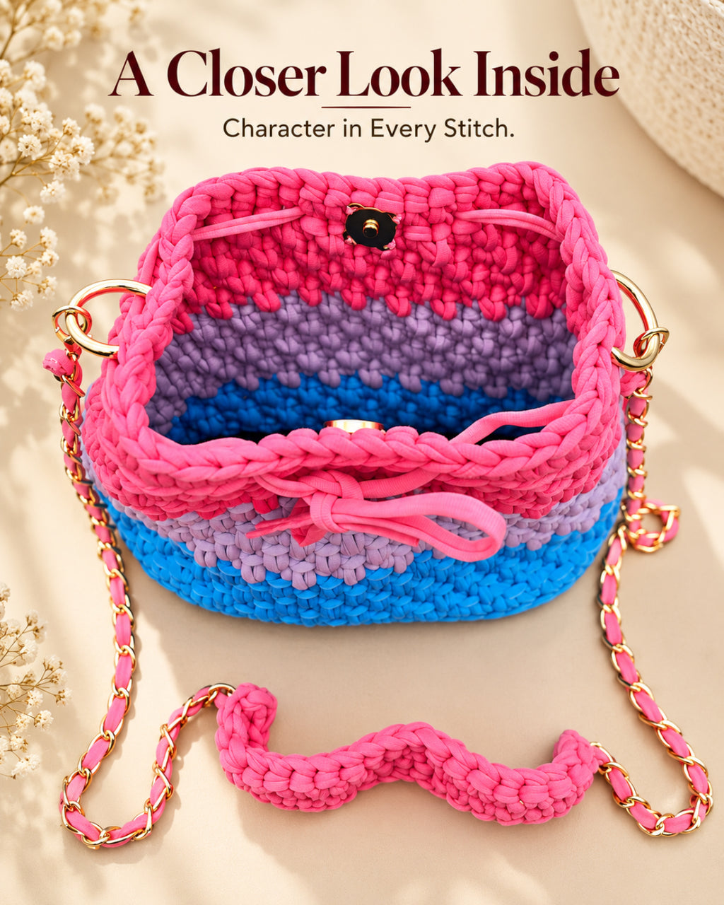 Pop Rainbow Crochet Sling Drawstring Bag