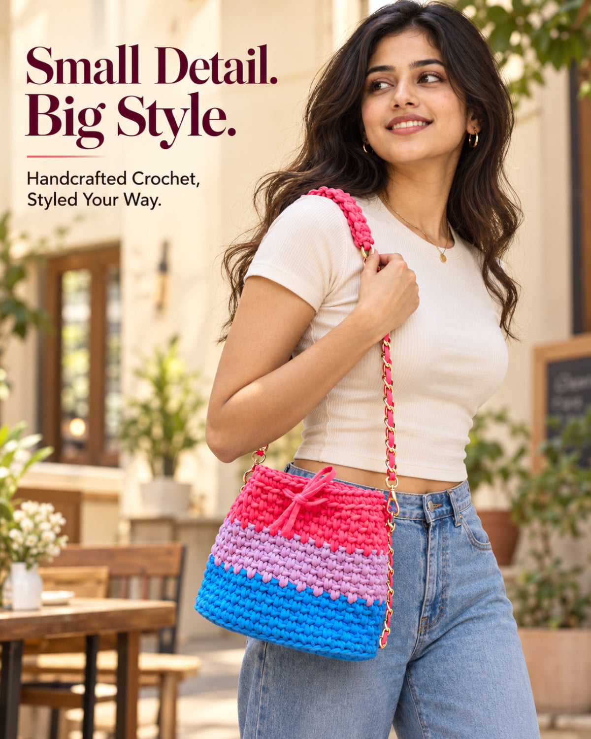 Pop Rainbow Crochet Sling Drawstring Bag