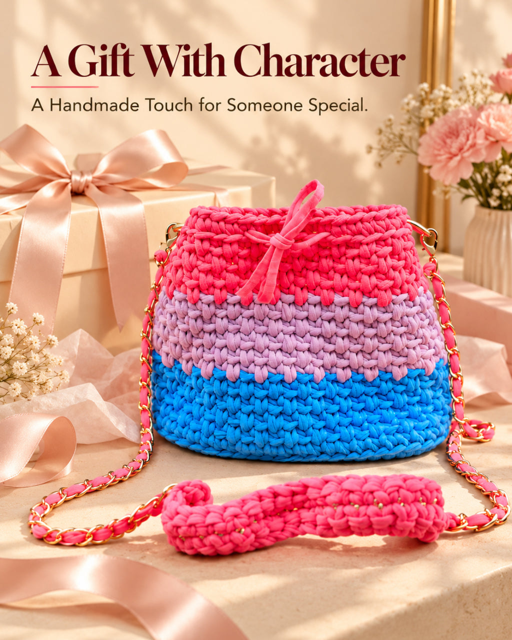 Pop Rainbow Crochet Sling Drawstring Bag