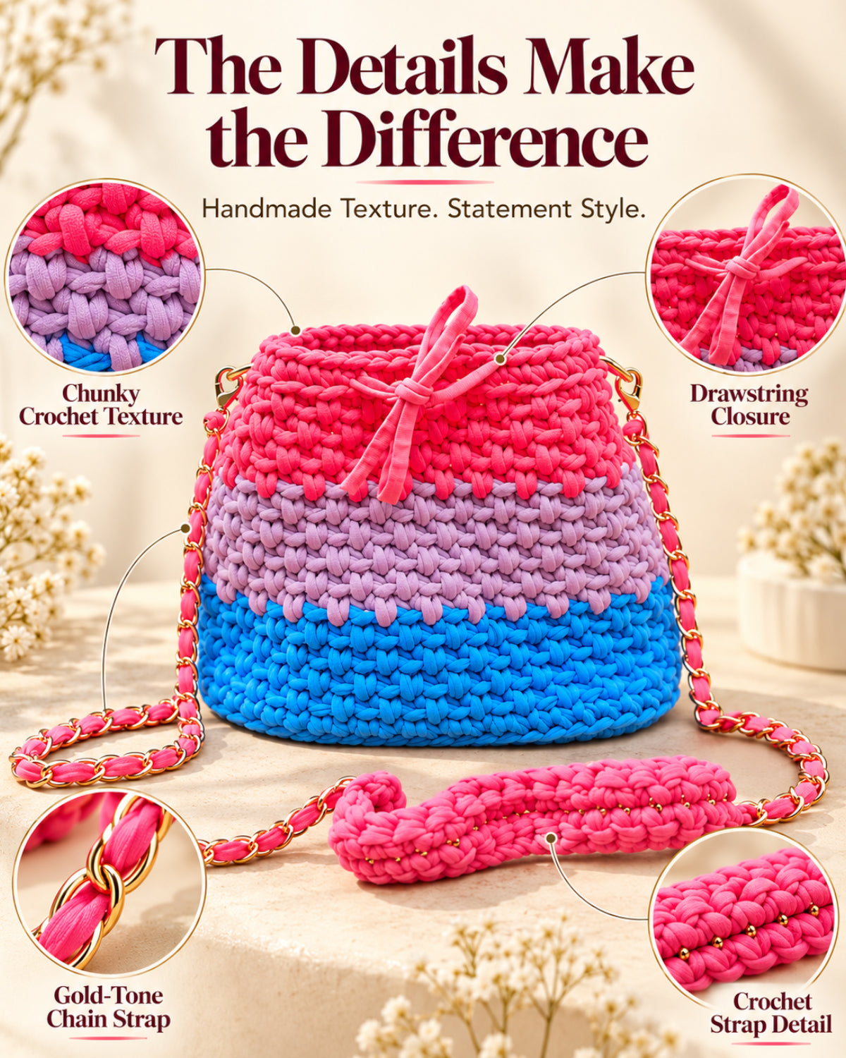 Pop Rainbow Crochet Sling Drawstring Bag