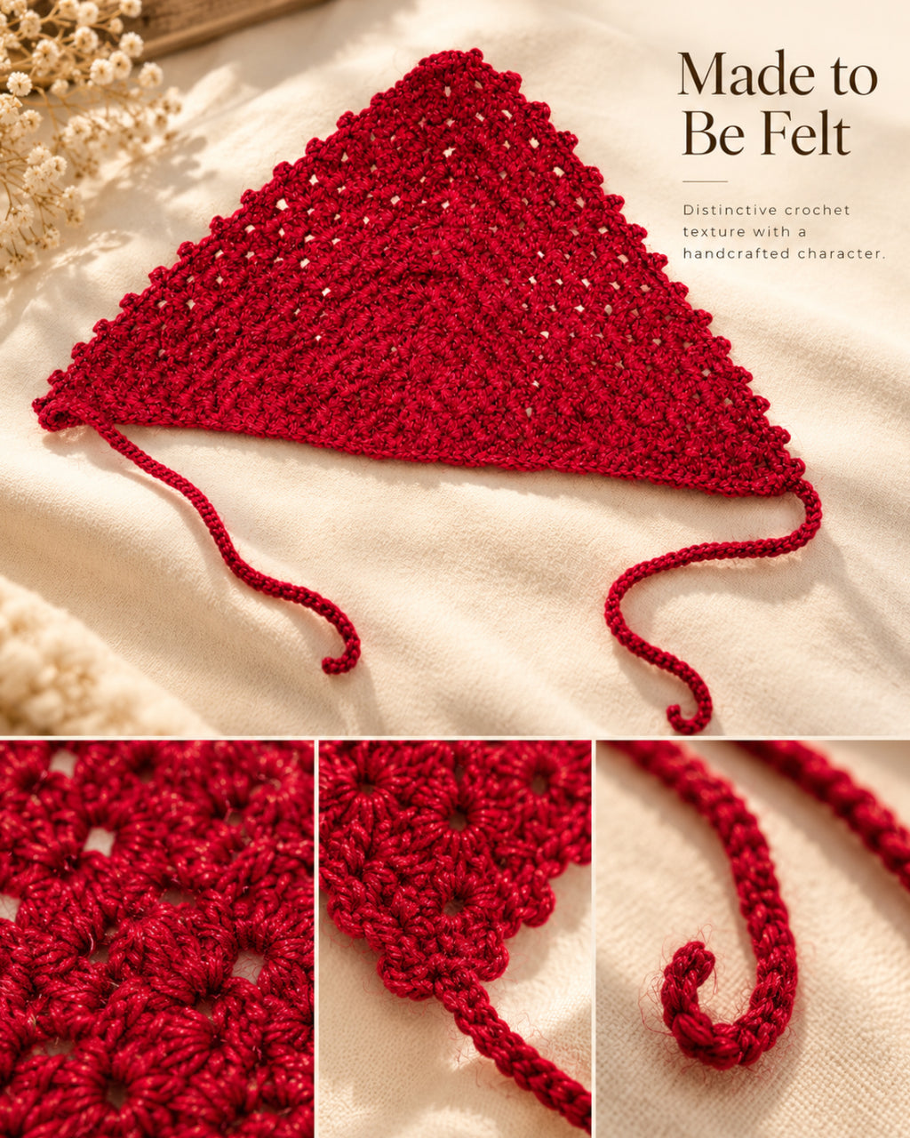 Ruby Red Floral Crochet Bandana – Handcrafted Floral Head Scarf