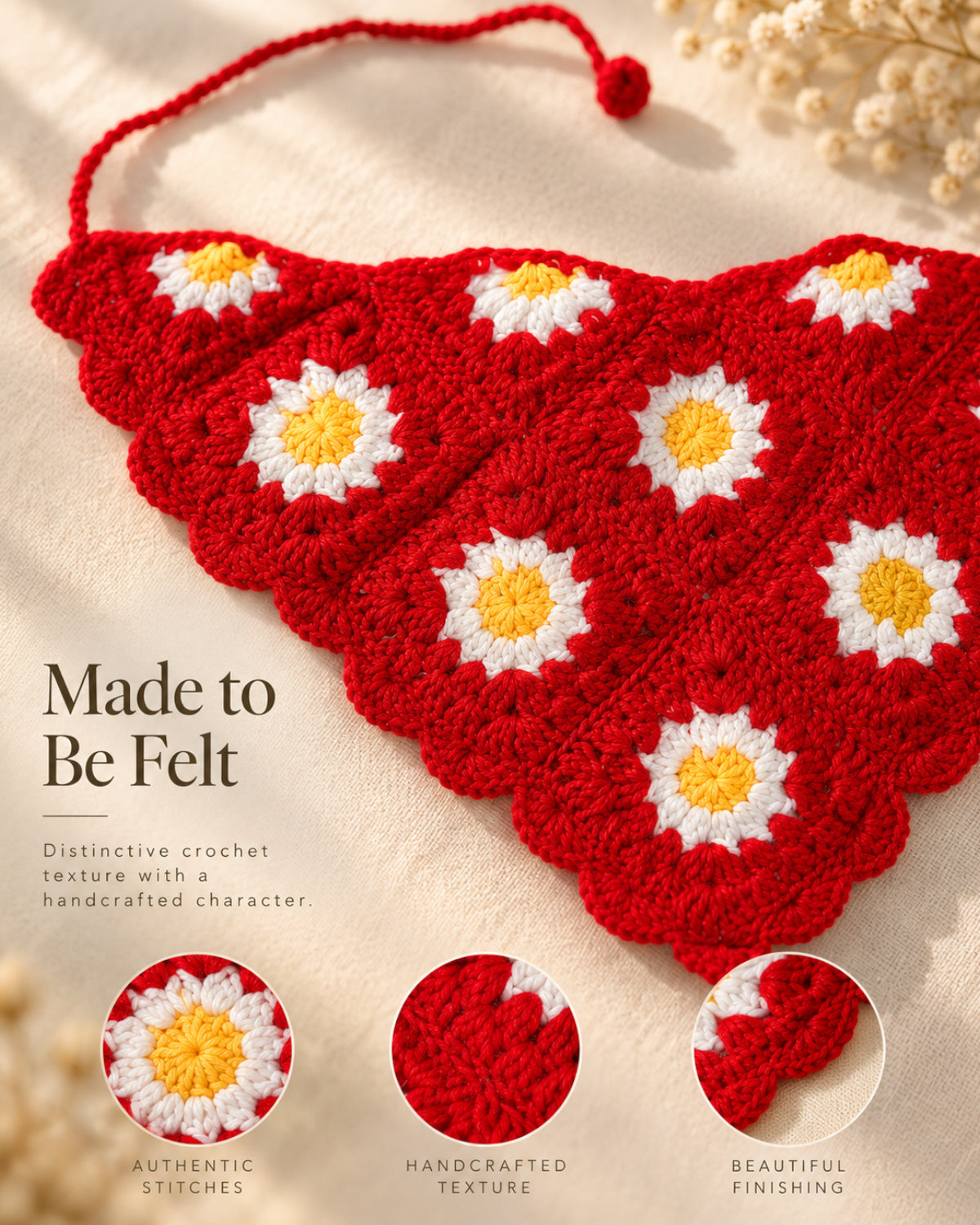 Red Daisy Crochet Bandana – Handcrafted Floral Head Scarf