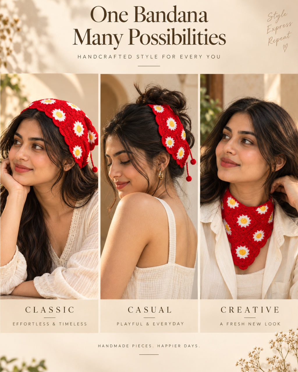 Red Daisy Crochet Bandana – Handcrafted Floral Head Scarf