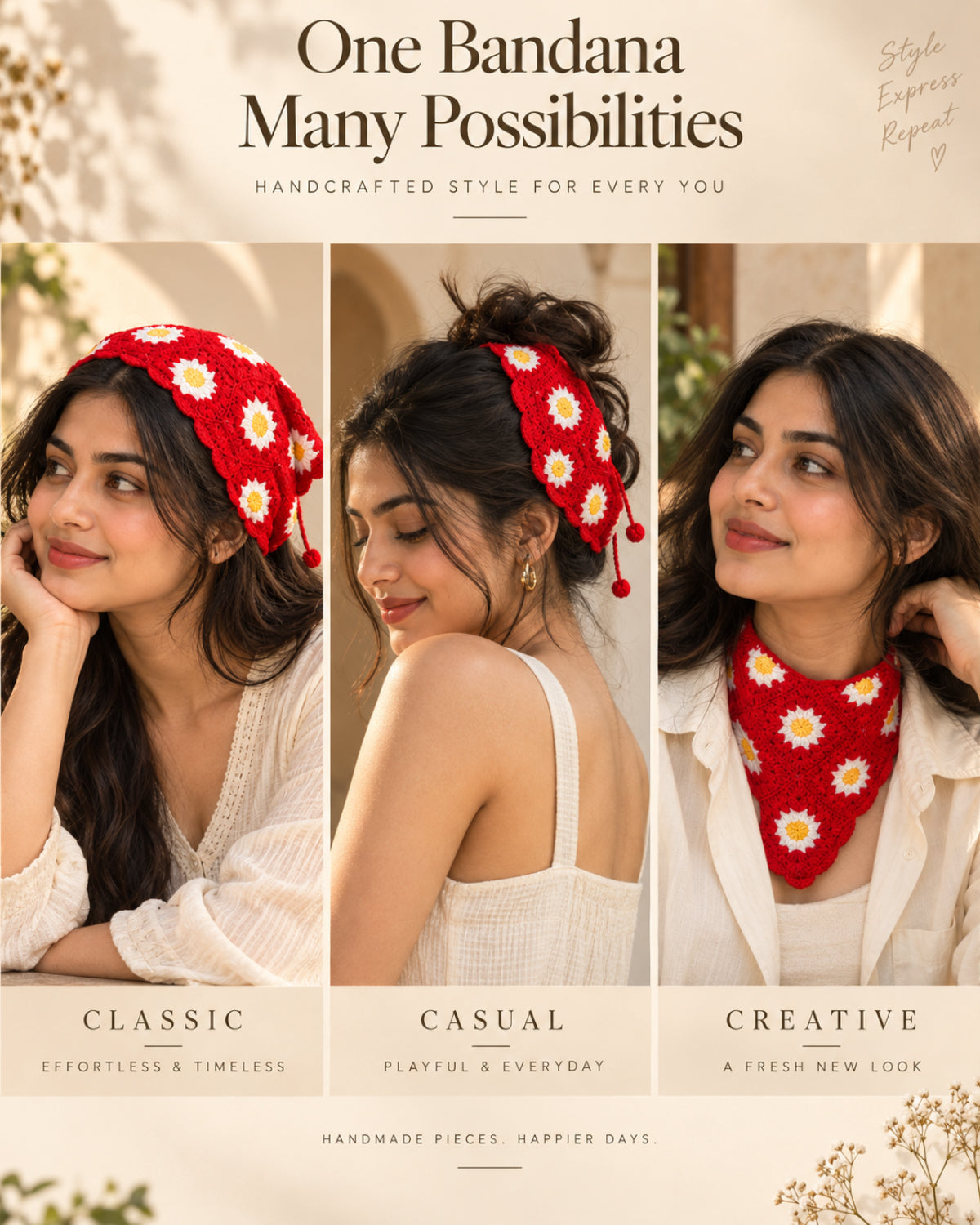 Red Daisy Crochet Bandana – Handcrafted Floral Head Scarf