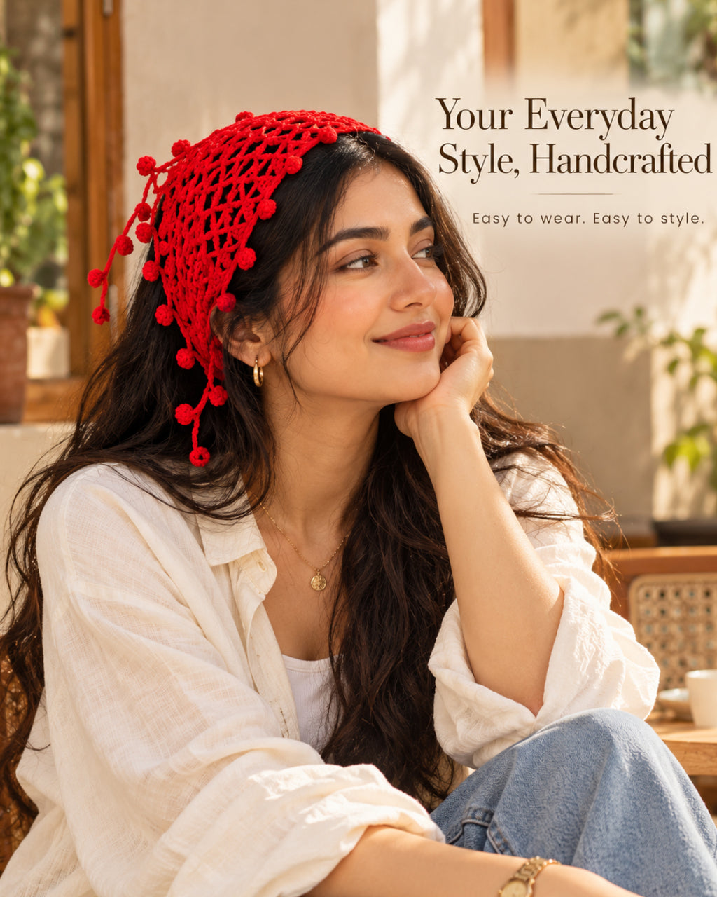 Red Bobble Edge Crochet Bandana – Handcrafted Hair Accessory