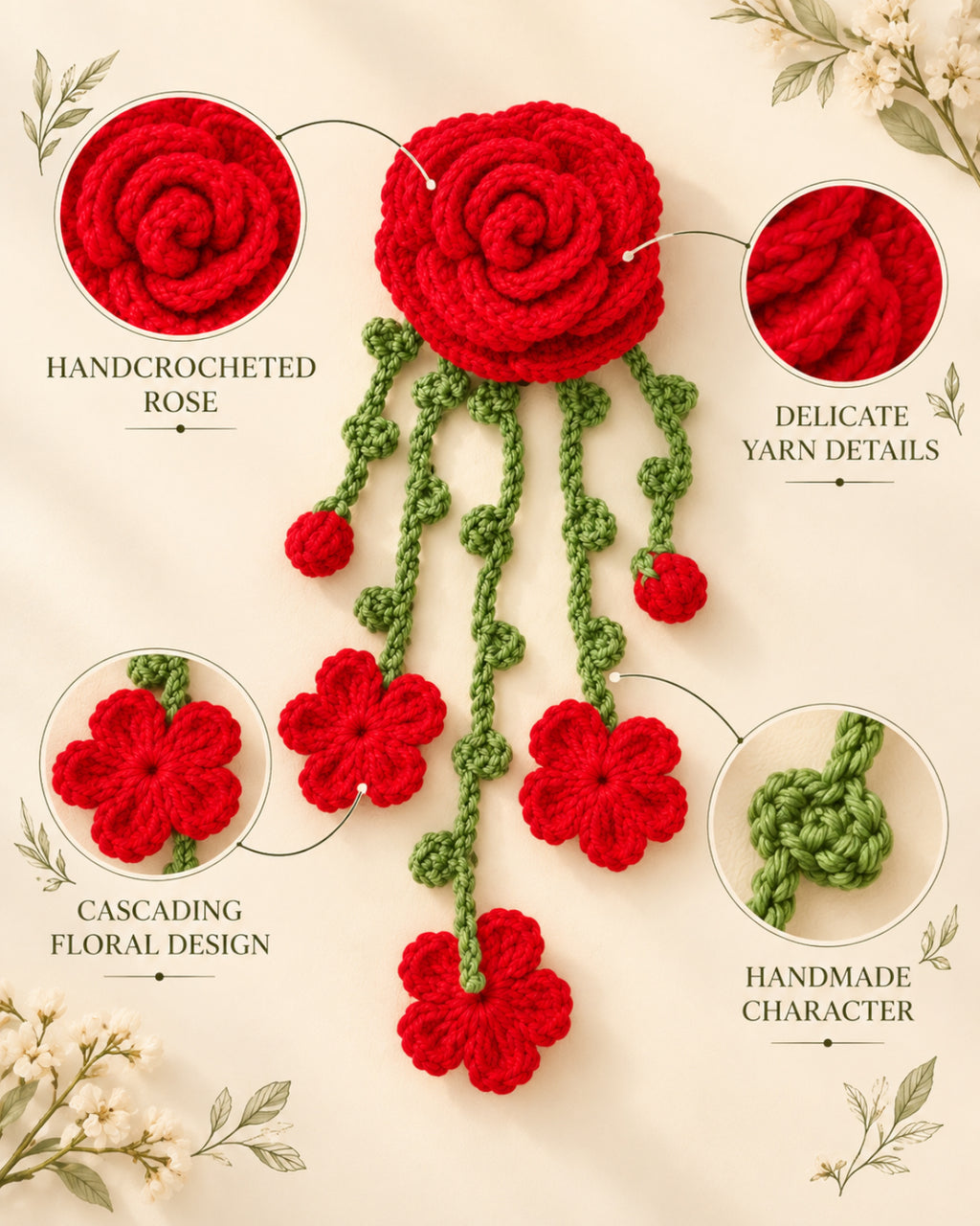 Handmade Crochet Hanging Hair Clip - Red Roses