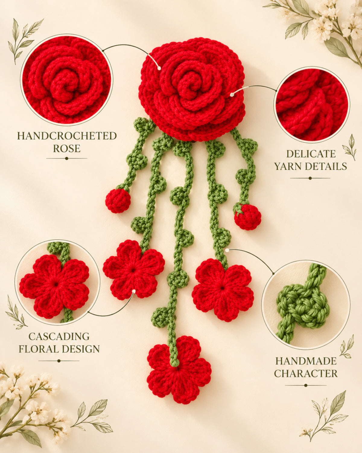 Handmade Crochet Hanging Hair Clip - Red Roses