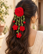 Handmade Crochet Hanging Hair Clip - Red Roses