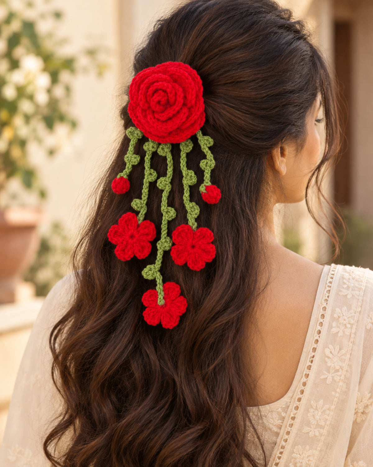Handmade Crochet Hanging Hair Clip - Red Roses